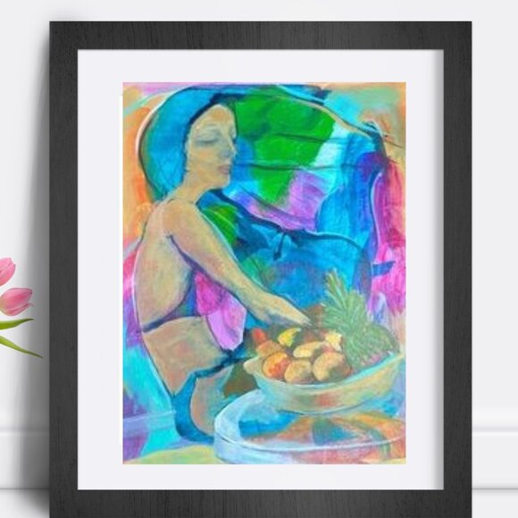 Hand Crafted Other - Original Art Work, Vibrant Acrylic Abstract Woman with Blue and Green Accents